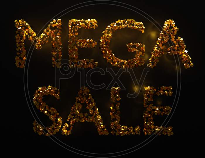 3D Illustration Of A  Gold Geometric  Inscription Mega Sale Background. Mega Sale Discount Offer Design.Shop Or Online Shopping. Sticker, Badge Coupon Store