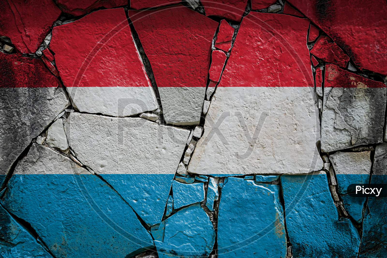 National Flag Of Luxembourg Depicting In Paint Colors On An Old Stone Wall. Flag  Banner On Broken  Wall Background.