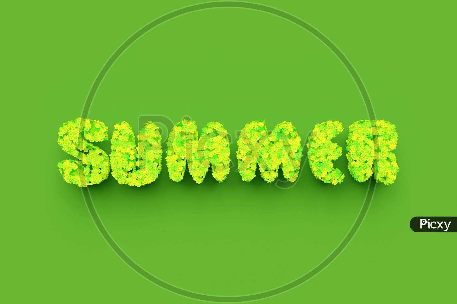 3D Illustration Bright Inscription Summer  From  Green Flowers  On A Green  Isolated Background. Fashion, Beauty And Cosmetics Promotion. Trendy Sale Summer  Banner With Hand Written