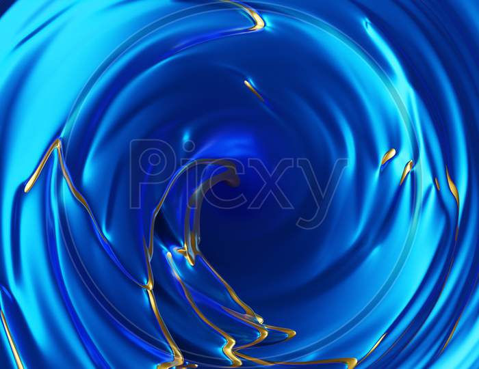 3D Illustration Of A Hypnotic Pattern.  Abstract Blue With Gold Background With Shimmering Circles And Glitter. Luxurious Background Design