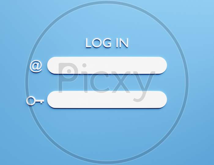 Illustration Of A 3D Page Of The Internet Page With Fields For Entering A Username And Password On A Blue Background. Personal Account Panel Icons