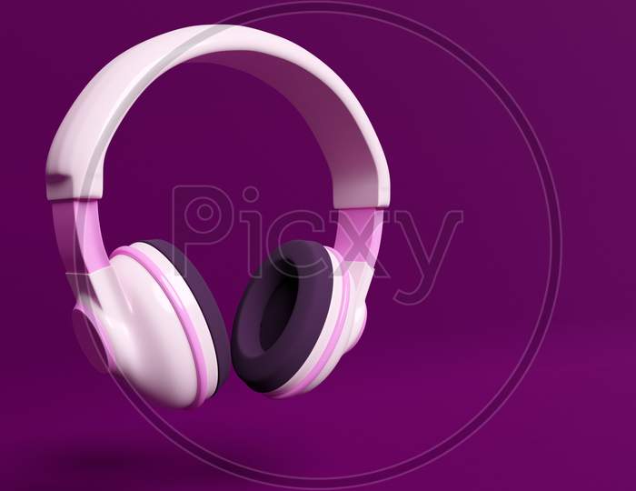 3D Illustration Of White Retro Headphones  On  Pink  Isolated Background On Neon Lights. Headphone Icon Illustration