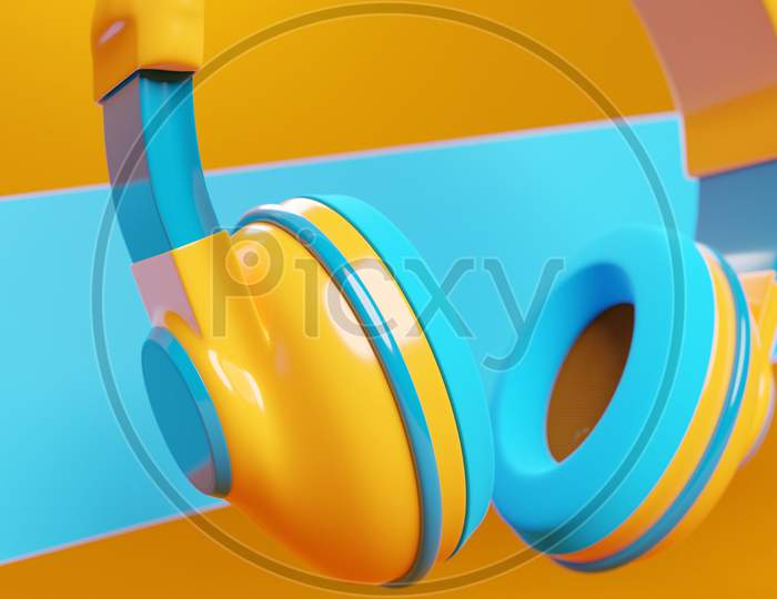 Blue And Orange  Classic Wired Headphones Isolated 3D Rendaring.  Headphone Icon Illustration. Audio Technology.