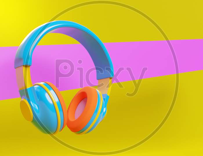 3D Illustration Realistic  Colorful   Headphones Isolated On  Pink And Yellow Background.Sound Music Headphones. Audio Technology. Modern Headphones