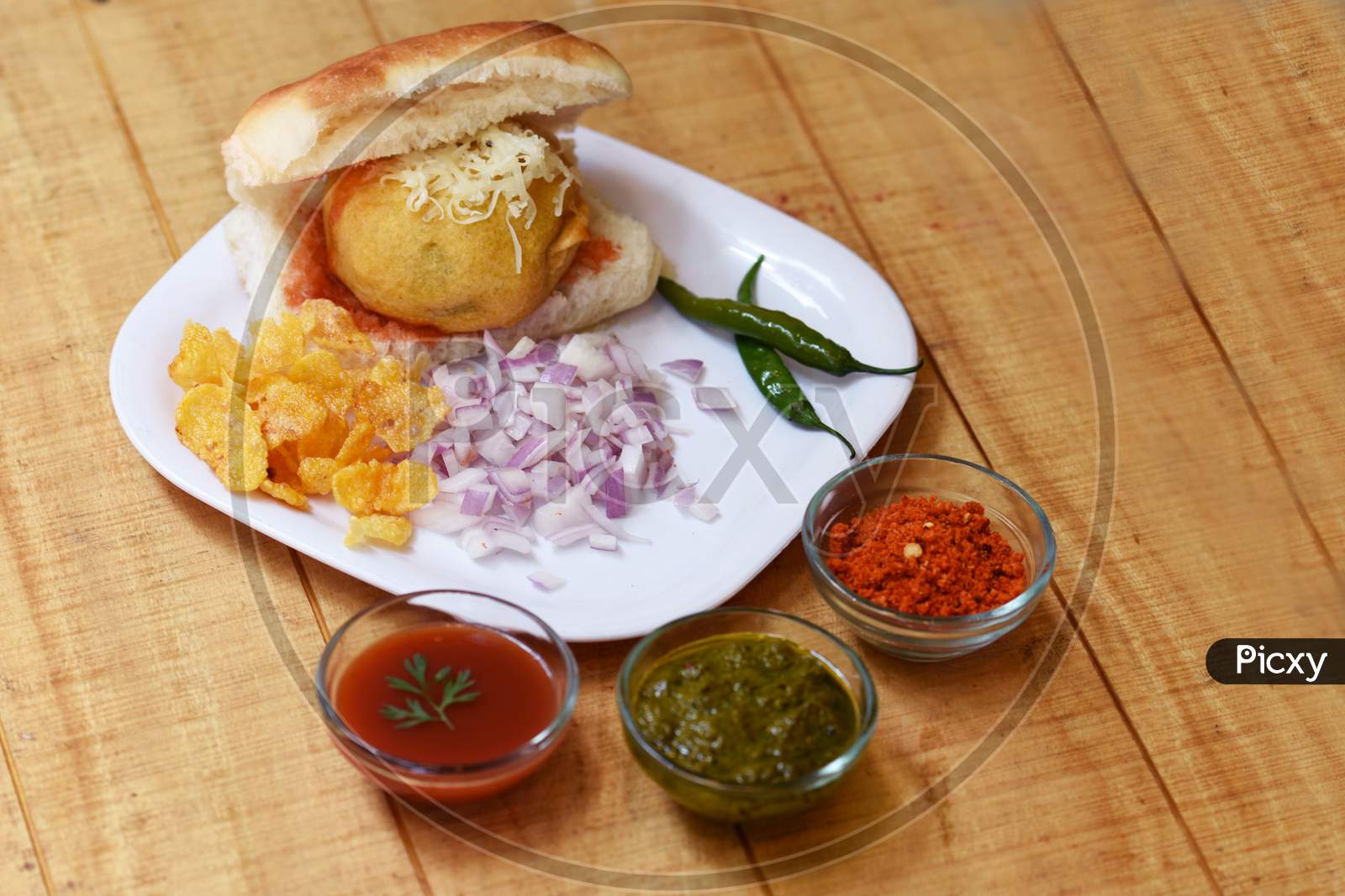 Vada Pav Or Wada Pav,Indian Desi Burger Is A Street  Food Dish From Mumbai, Maharashtra. Indian Street Food,Selective Focus