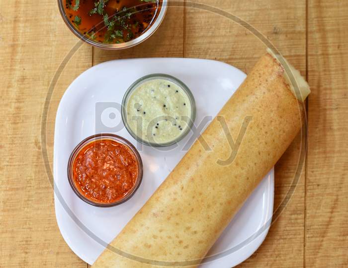 Masala Dosa , South Indian Meal Served With Sambhar And Coconut Chutney Over,Traditional South Indian Rice Dosa , Indian Food,Selective Focus