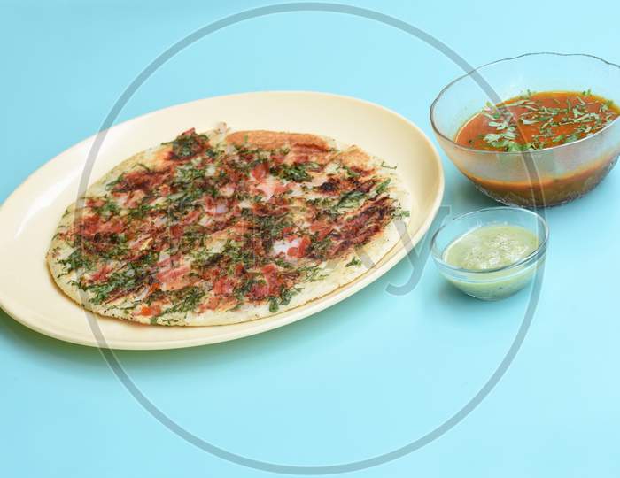 South Indian Food Uttapam Also Known As Ooththappam, Rava Uttapam, Uttapa Or Uthappa Is A Popular South Indian Delicious Spicy Breakfast Snack Served With Coconut Chutney And Sambar