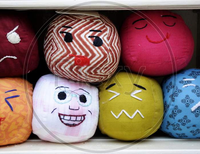 Lots Of Handmade Colored Smiley Faces Soft Toys,Handmade Colored Smiley,Soft Toys,Emotions Balls Background