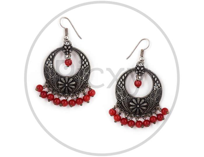 Silver Oxidized Earrings Ethnic Indian Style, Stylish With Red Beads, Jhumka Earrings, Dangle Drop Stud Earrings