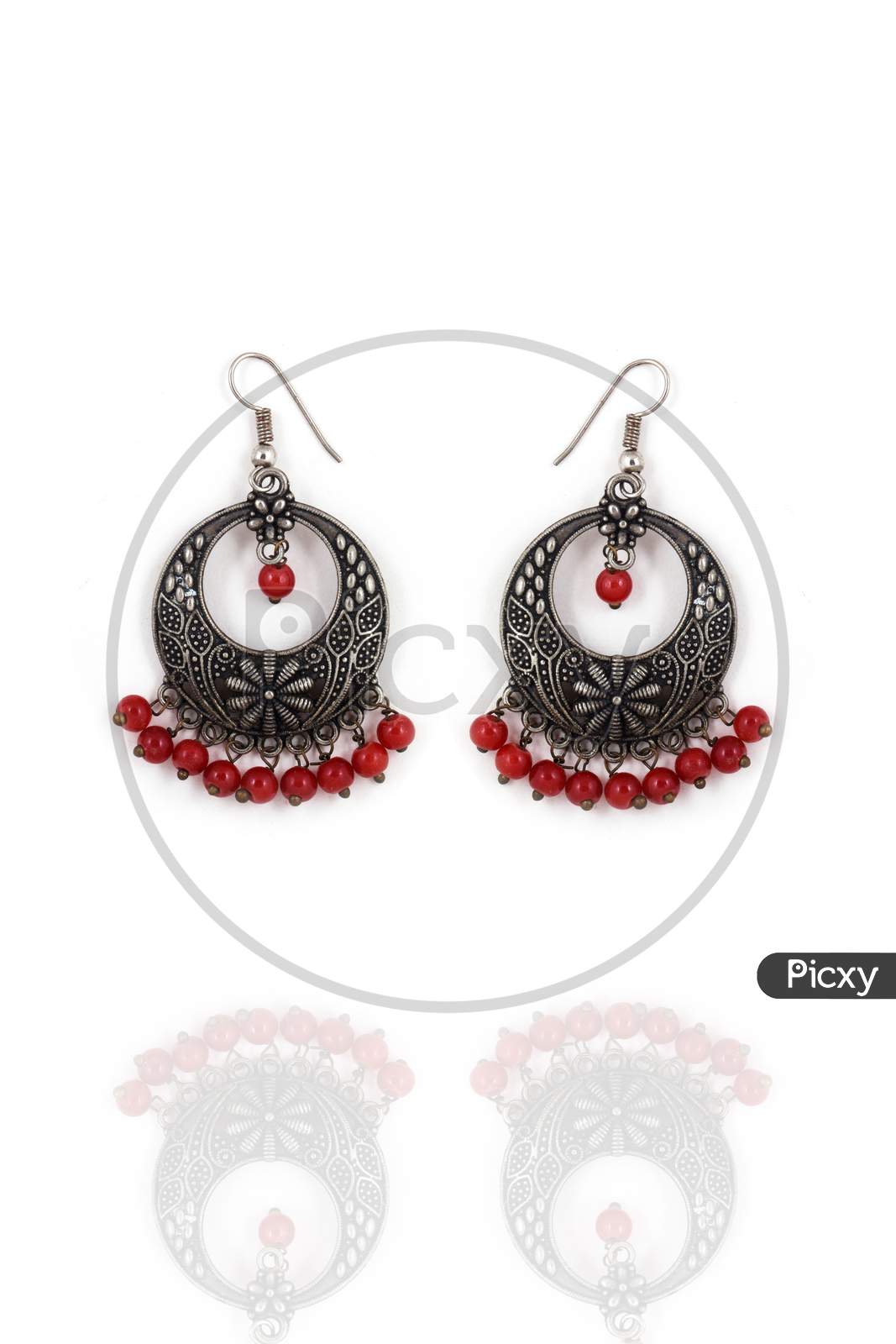Silver Oxidized Earrings Ethnic Indian Style, Stylish With Red Beads, Jhumka Earrings, Dangle Drop Stud Earrings