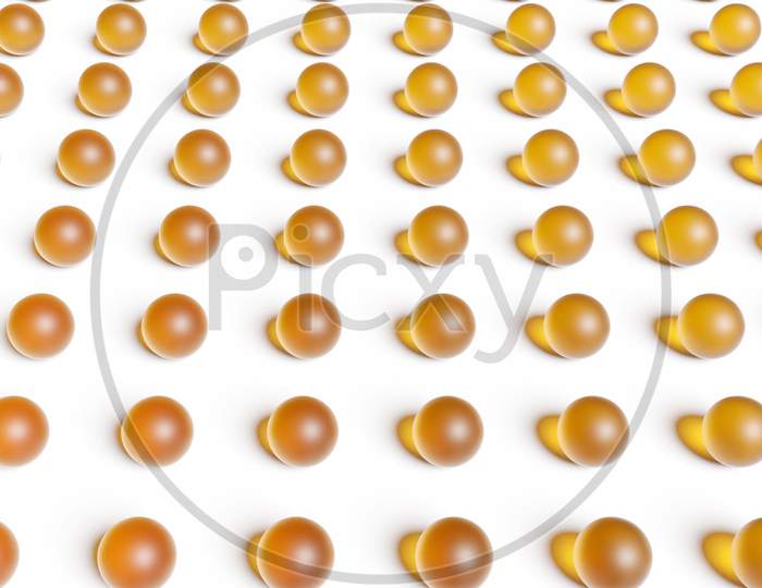 3D Illustration Of Rows Of  Yellow  Round, Under A Lights .  Shape Pattern. Technology Geometry  Background. Tablets In Even Rows