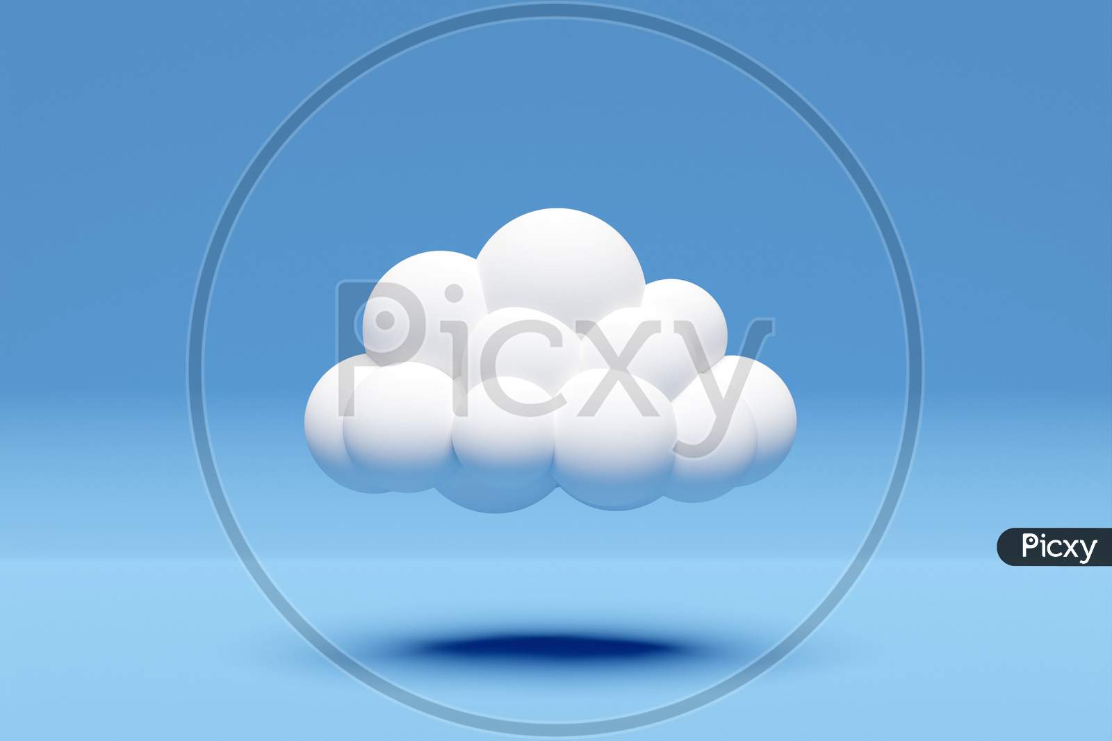 3D Illustration Of A White Cartoon Cloud. Cumulus Cloud On Blue Background With Shadow