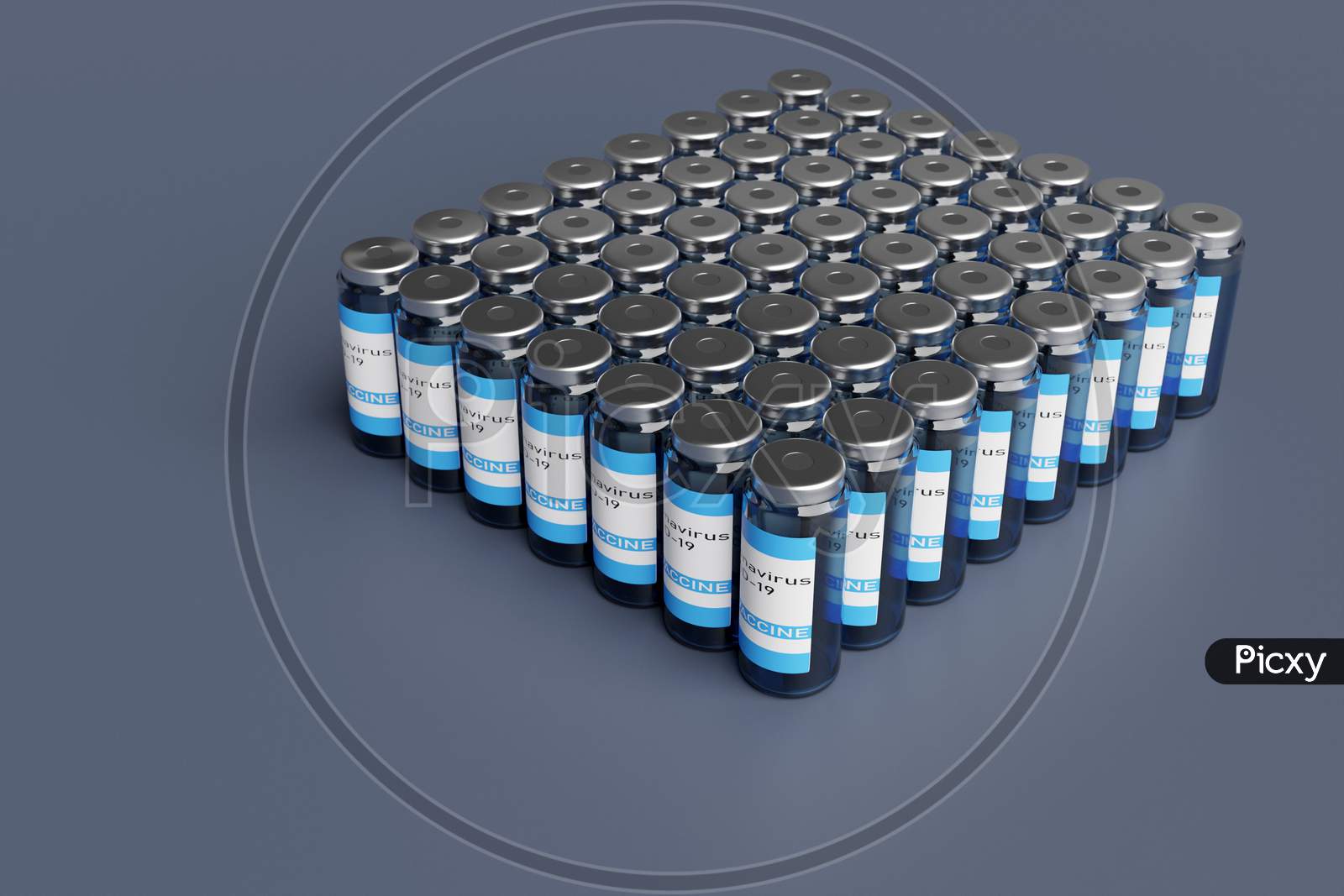 3D Render Of Ampoule With Covid-19 Vaccine On Gray Background. Coronovirus Treatment Concept