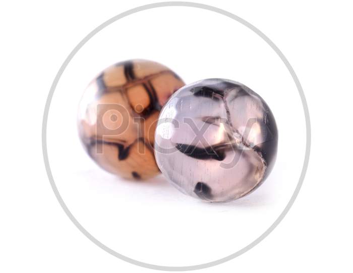 Patterned Agate Beads Isolated On White,Round Agate Beads,Semi Precious Stones. Natural Mineral Beads. Beads Made Of Natural Stones To Create Jewelry.