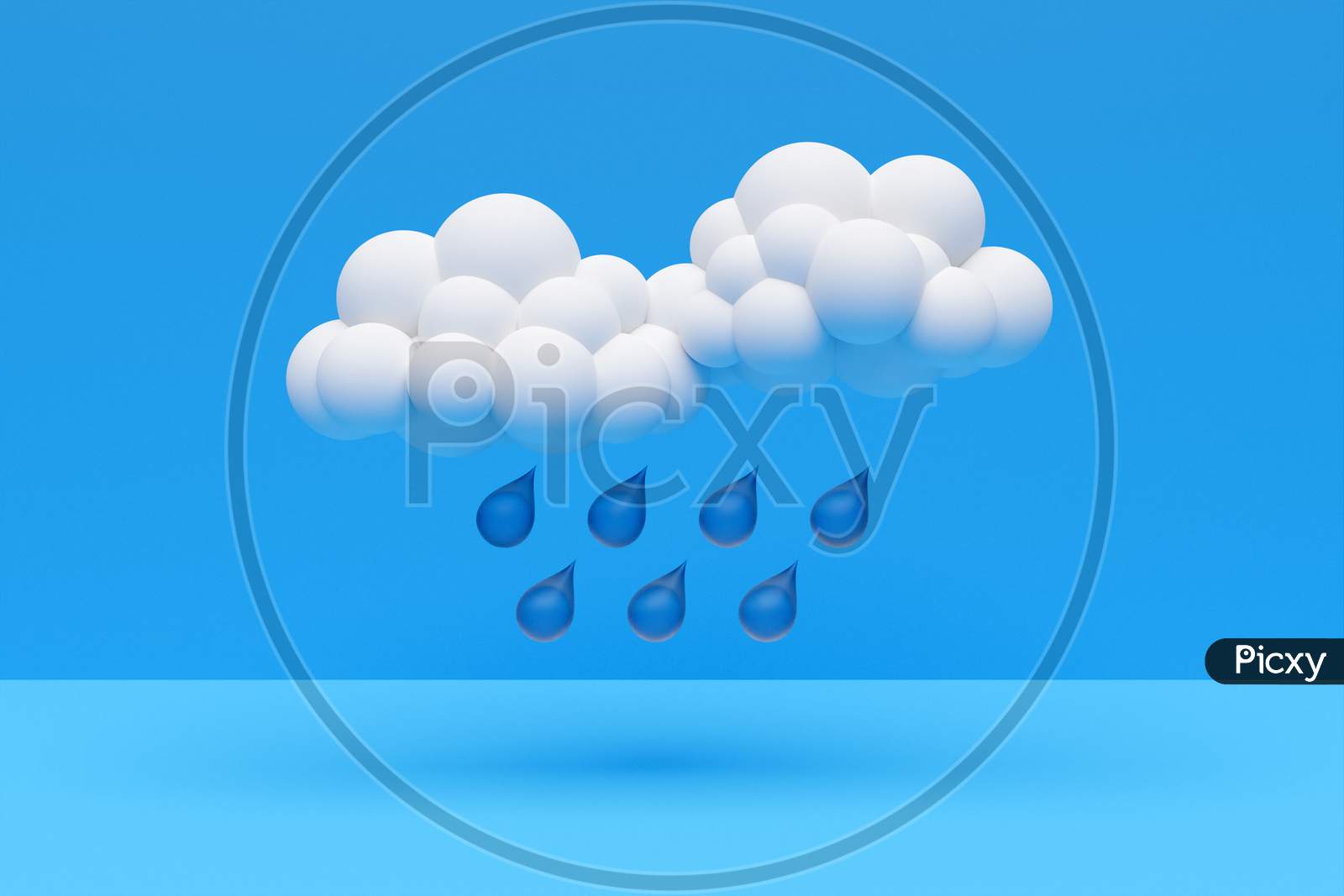 3D Illustration Of A White Cartoon Cloudes With Rain . Cumulus Cloudes On Blue Background With Shadow