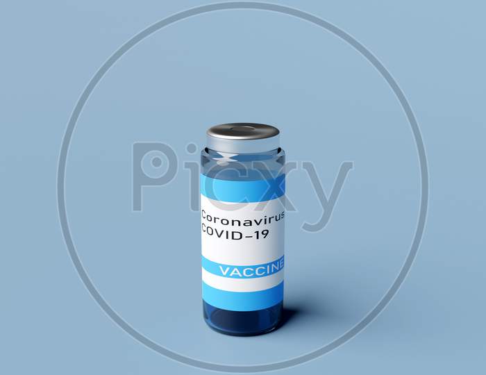 3D Illustration Of A Disposable Vial With Coronavirus Covid-19 Vaccine On Blue Isolated Background