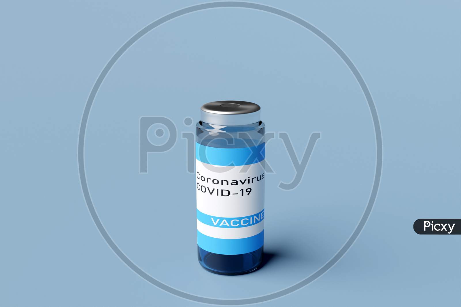 3D Illustration Of A Disposable Vial With Coronavirus Covid-19 Vaccine On Blue Isolated Background