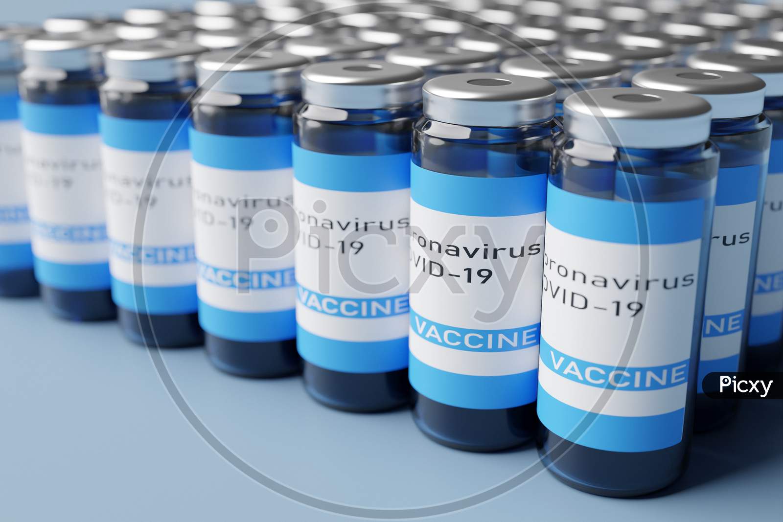 3D Illustration Of Rows Of Disposable Vials With Coronavirus Covid-19 Vaccine On Blue Isolated Background