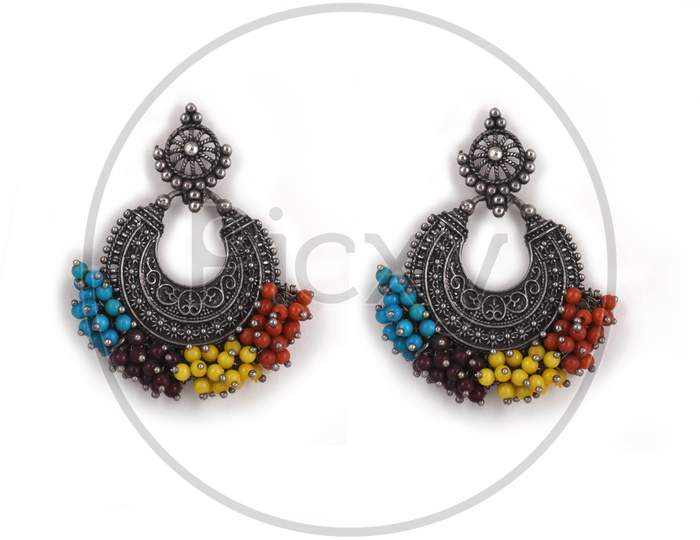 Silver Oxidized Earrings Ethnic Indian Style, Stylish With Multicolored Beads, Jhumka Earrings, Dangle Drop Stud Earrings