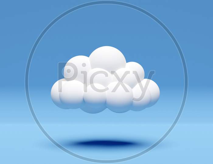 3D Illustration Of A White Cartoon Cloud. Cumulus Cloud On Blue Background With Shadow