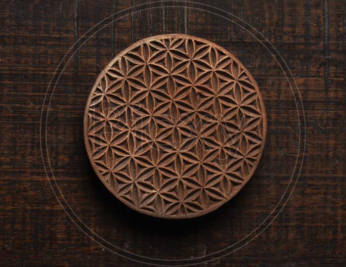 Flower Of Life Shape Indian Wood Block Pattern For Textile Printing On Rustic Wood Background. Block Printing,Rajasthan India Block Printing, Wood Block Used For Handmade Textile Printing,Hand Craft