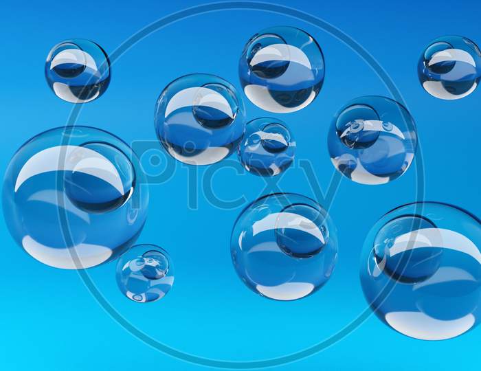 3D Illustration Of A Transparent Metaball With A Huge Number Of Parts On A Blue Background. Digital Metaball Background Of Flying Overflowing Into Each Other Shiny Spheres.