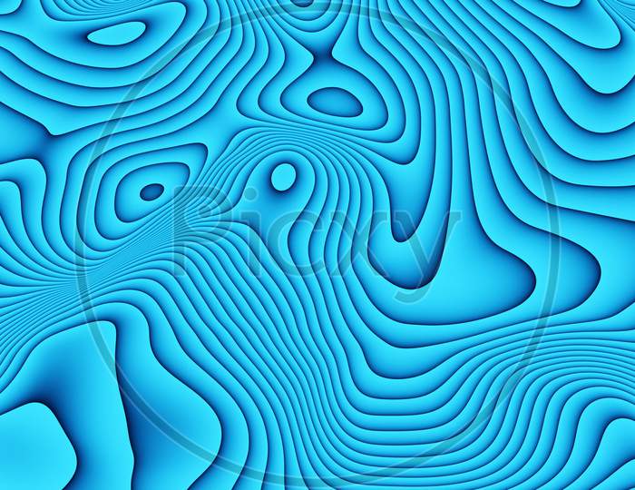 3D Illustration Of A Stereo Blue Strip . Geometric Stripes Similar To Waves. Abstract  Blue Glowing Crossing Lines Pattern