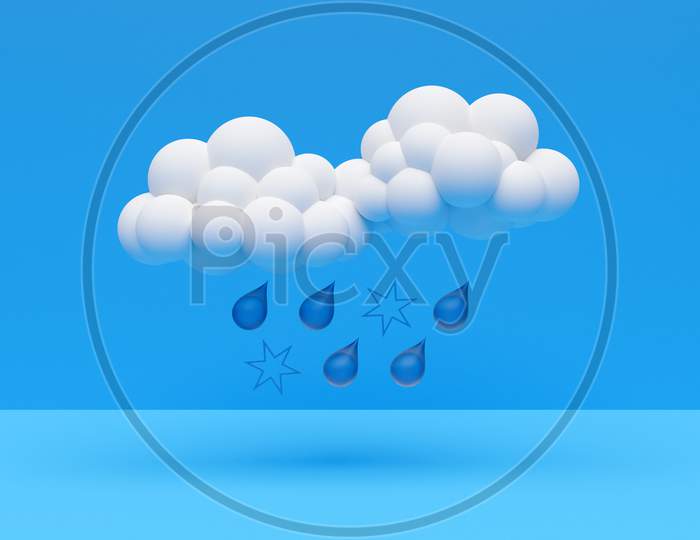 3D Illustration Of Clouds  With Rain And Snow  On A Blue Isolated Background. Weather Forecast Icons, Regular Season Clouds