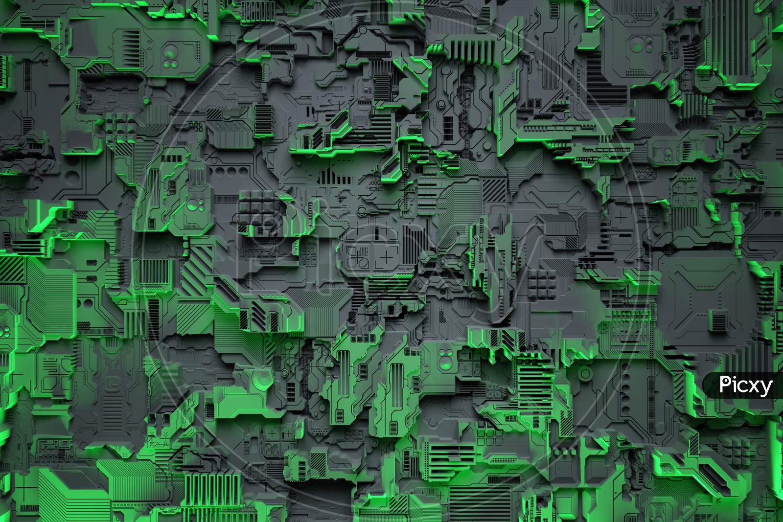 Image of 3D Illustration Of A Realistic Model Of A Robot Or Green Cyber  Armor. Close-Up Equipment For Mining Crypto-Bitcoin; Ether. Video Cards;  Motherboards-RH986960-Picxy