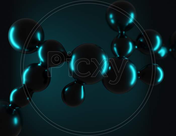 3D Illustration Of A Black Metaball With A Huge Number Of Parts On A Blue Lights. Digital Metaball Background Of Flying Overflowing Into Each Other Shiny Spheres.