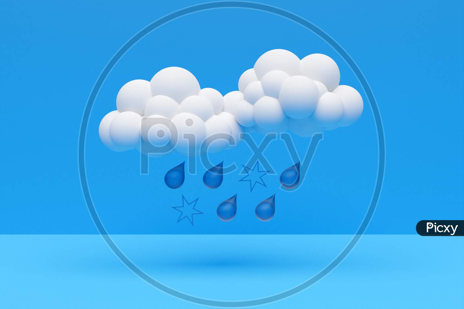 3D Illustration Of Clouds  With Rain And Snow  On A Blue Isolated Background. Weather Forecast Icons, Regular Season Clouds