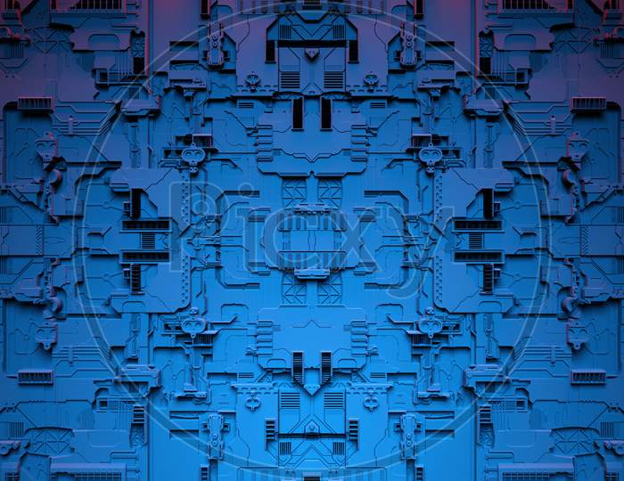 3D Illustration Of A Pattern In The Form Of A Metal, Technological Plating Of A Spaceship Or A Robot. Abstract Graphics In The Style Of Computer Games. Close Up Of The Black Cyber Armor On Neon Lights