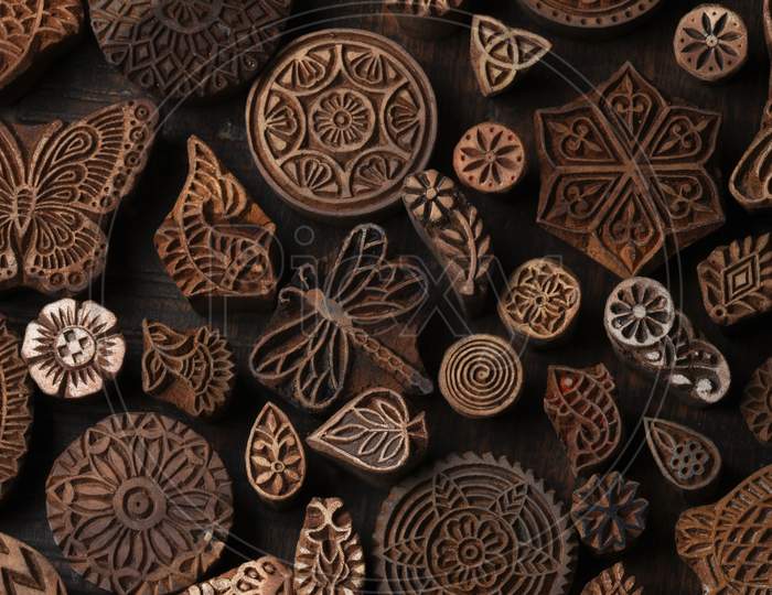 .Mixed Traditional Indian Wood Block Pattern For Textile Printing On Rustic Wood Background. Block Printing,Rajasthan India Block Printing, Wood Block Used For Handmade Textile Printing,Hand Craft