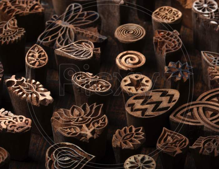 Mixed Traditional Indian Wood Block Pattern For Textile Printing On Rustic Wood Background. Block Printing,Rajasthan India Block Printing, Wood Block Used For Handmade Textile Printing,Hand Craft