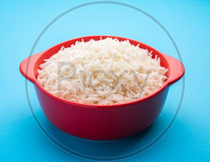 Aromatic Long Basmati Cooked Plain Rice Is An Indian Main Course Food, Served In A Bowl. Selective Focus