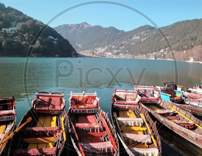 Colourful boats at Naini lake Nainital (Uttarakhand) India