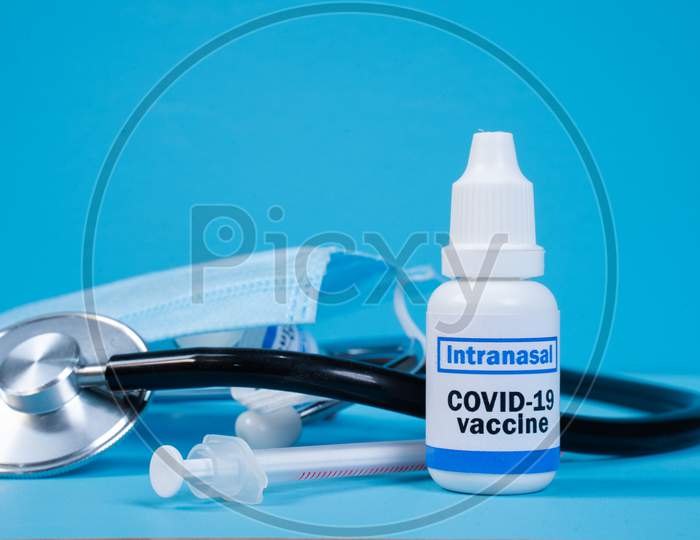 Concept Showing Of Coronavirus Covid-19 New Nasal Or Intranasal Vaccination With Medical Equipments