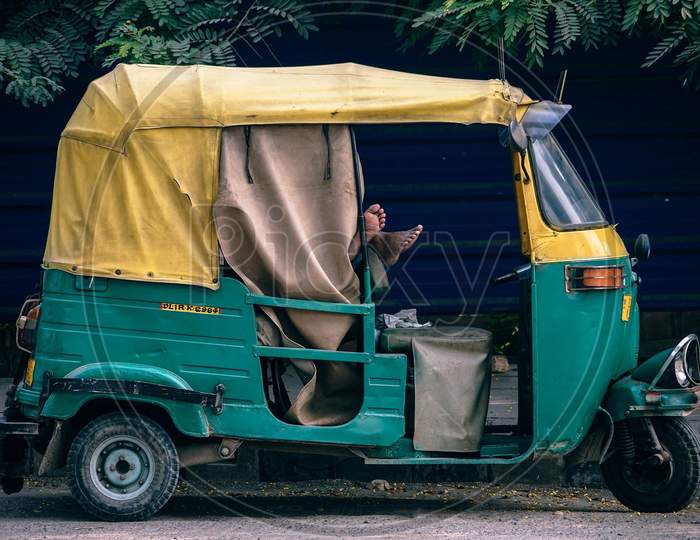 An Indian auto-rickshaw during lockdown
