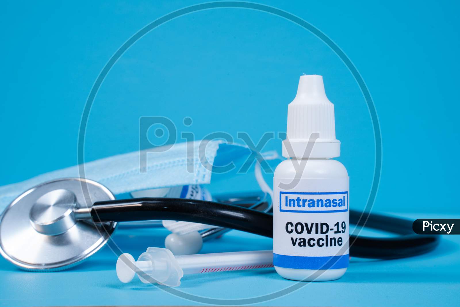 Concept Showing Of Coronavirus Covid-19 New Nasal Or Intranasal Vaccination With Medical Equipments