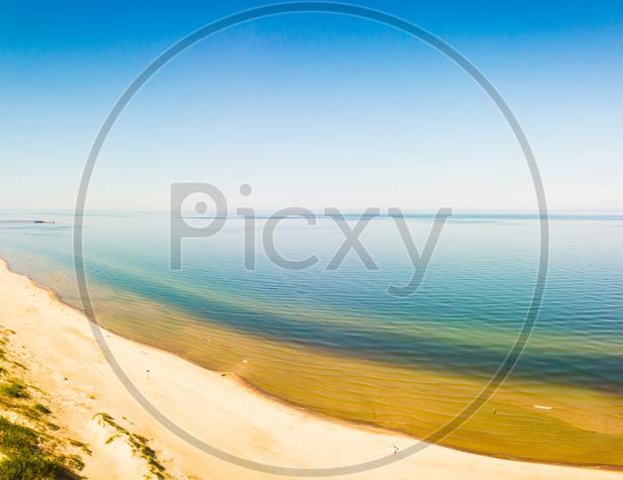 Aerial View Palanga Sandy White Beach In Lithuania Holiday Destination. Baltic Sea Coastline.