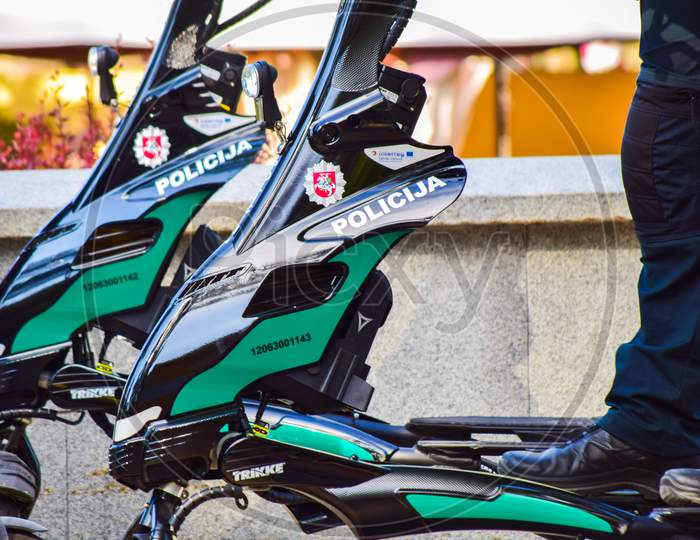 Palanga, Lithuania - 10Th June, 2021: Police Modern Electric Scooter Vehicles For Patrolling In Pedestrian Streets In Lithuania