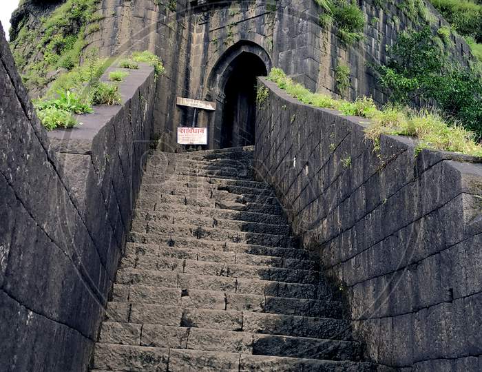 Lohagad Fort,Stairs leading to door.