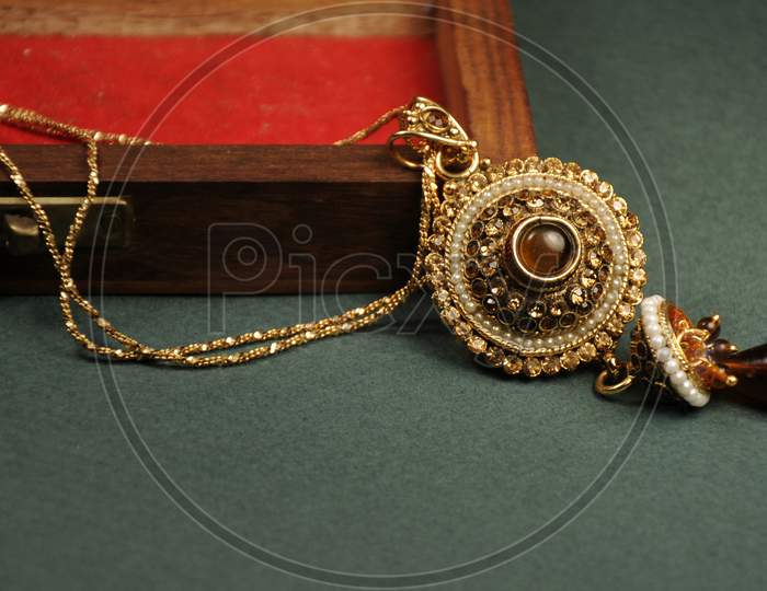 Diamond And Stones Pendant With Gold Chain With Wooden Box,  Indian Traditional Jewelry