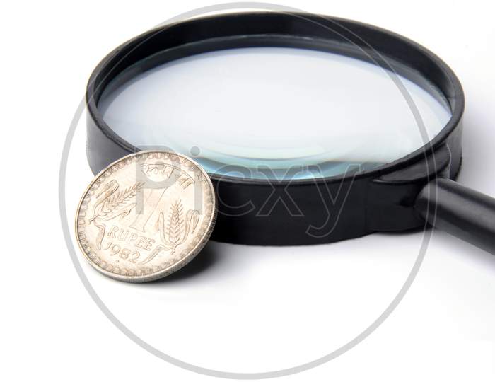 Magnifying Glass With Indian Money, Indian Currency, Rupee Indian Currency, Money Concept.