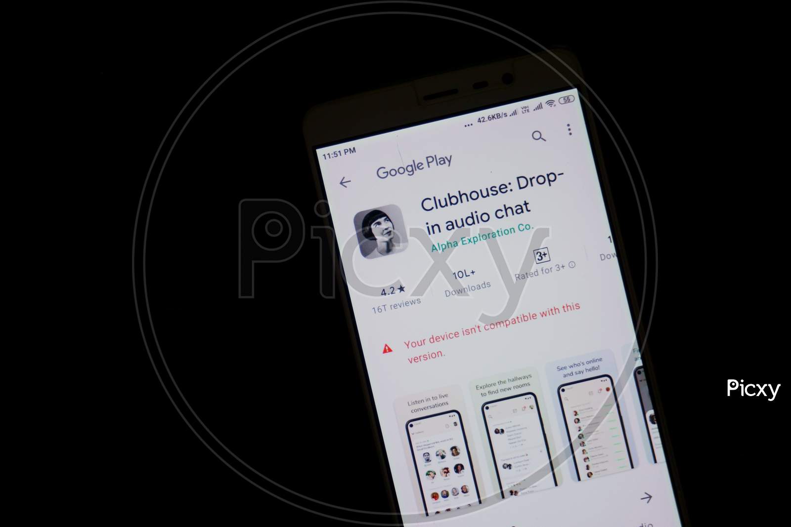 Kerala, India - June 02, 2021: Drop-In Audio Chat App Clubhouse Showing Incompatible With Android Version In Google Play Store On A Smartphone.