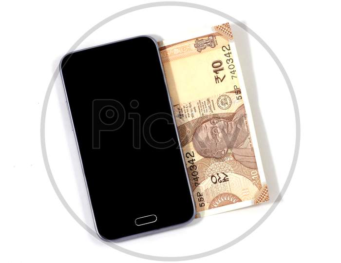 Mobile Smart Phone And Indian Rupee Notes, Digital Money,Fin-Tech,Money Making Online Concepts