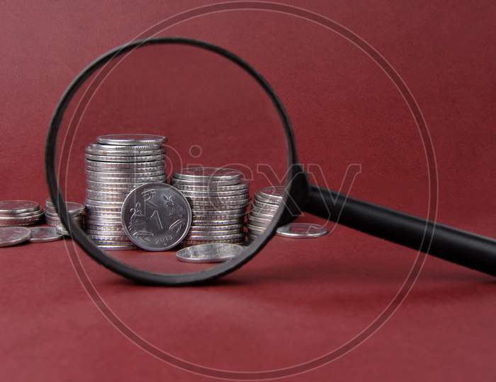 Magnifying Glass With Indian Money, Indian Currency,Rupee Indian Currency,Money Concept.