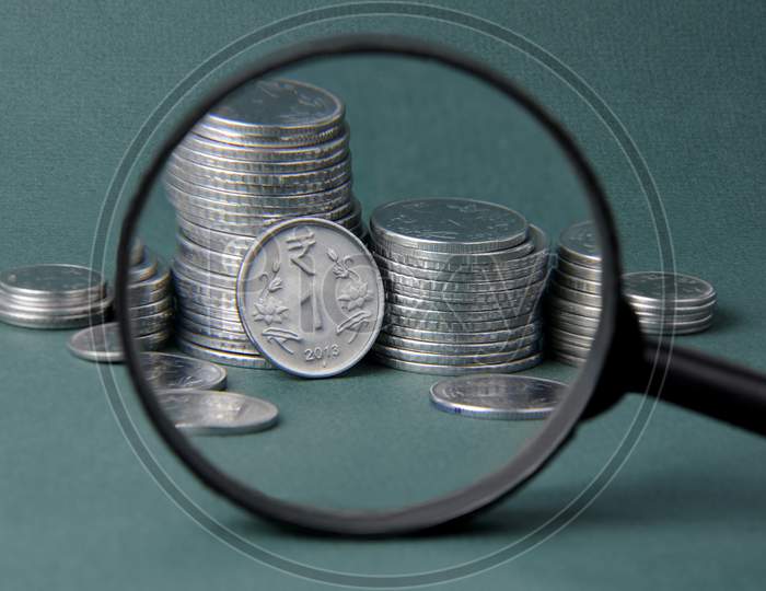 Magnifying Glass With Indian Money, Indian Currency, Rupee Indian Currency, Money Concept.
