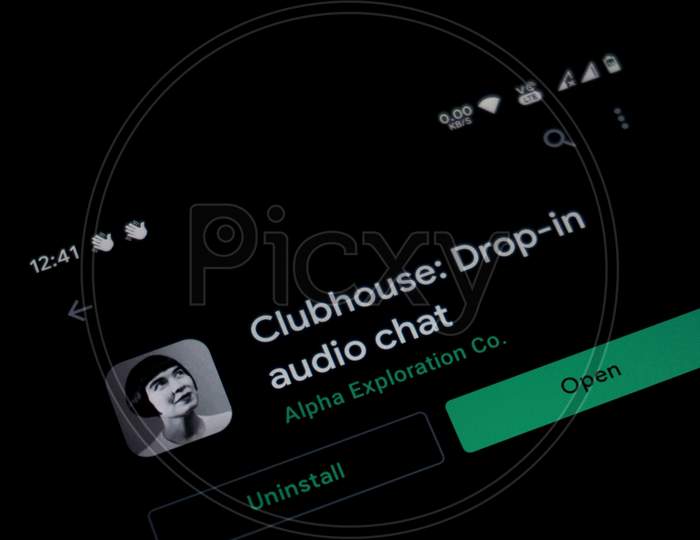 Kerala, India - June 02, 2021: Drop-In Audio Chat App Clubhouse Is Appearing In Google Play Store On A Smartphone.