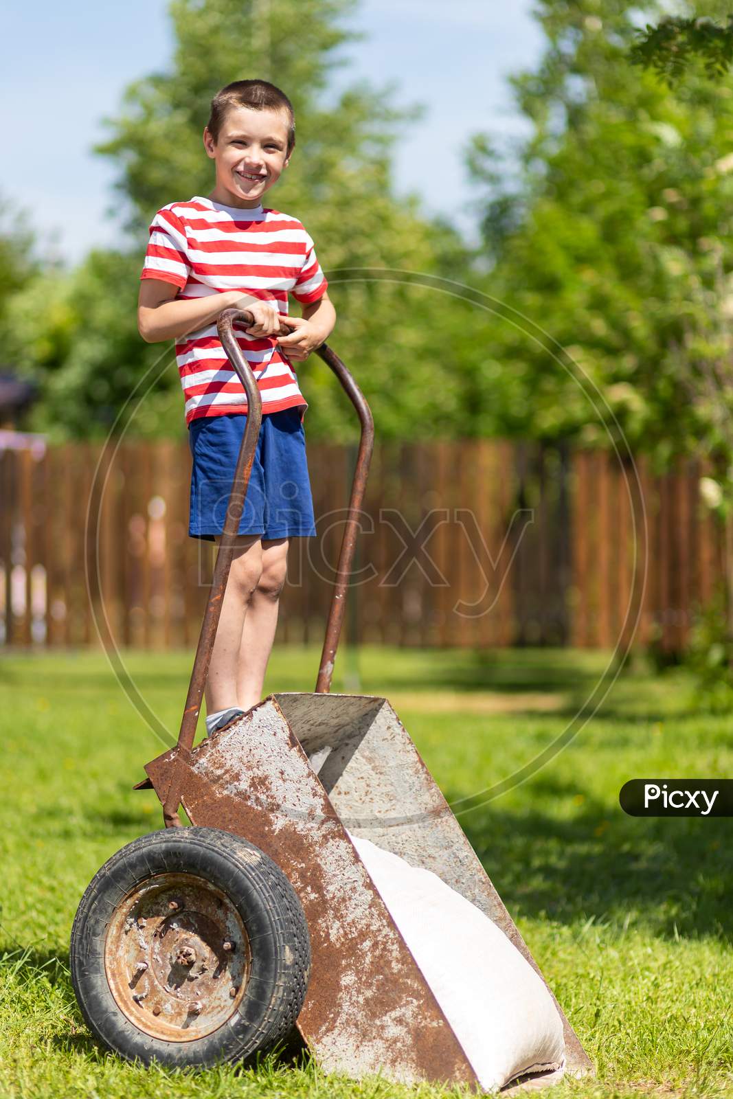 Cute Toddler Boy Playing With Big Old Wheelbarrow In Backyard In Outdoor Garden. Young Smiling Boy Playing With A Wheelbarrow In The Yard.